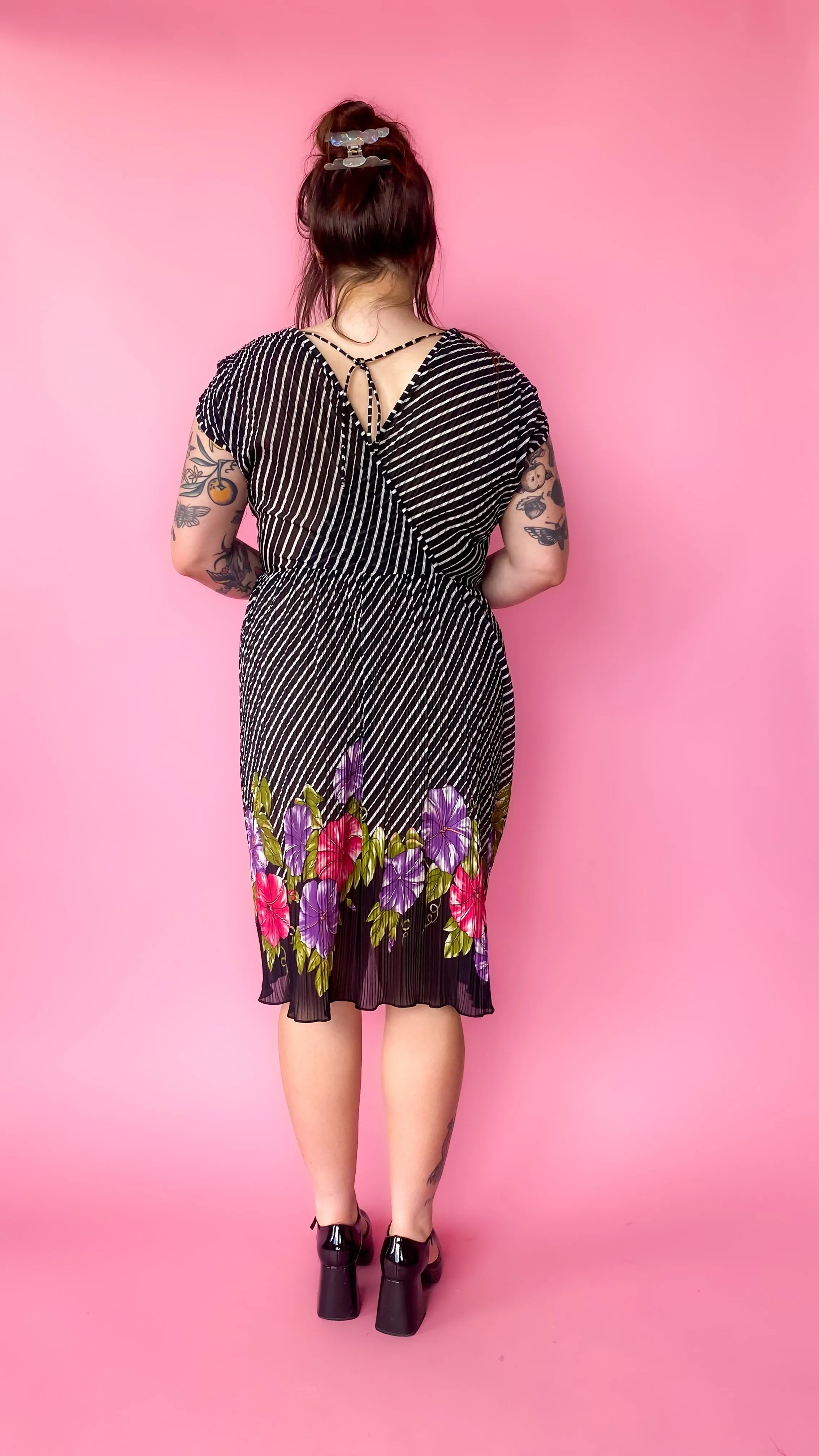 1970s Sheer Striped Floral Dress, sz. 1XL-3XL