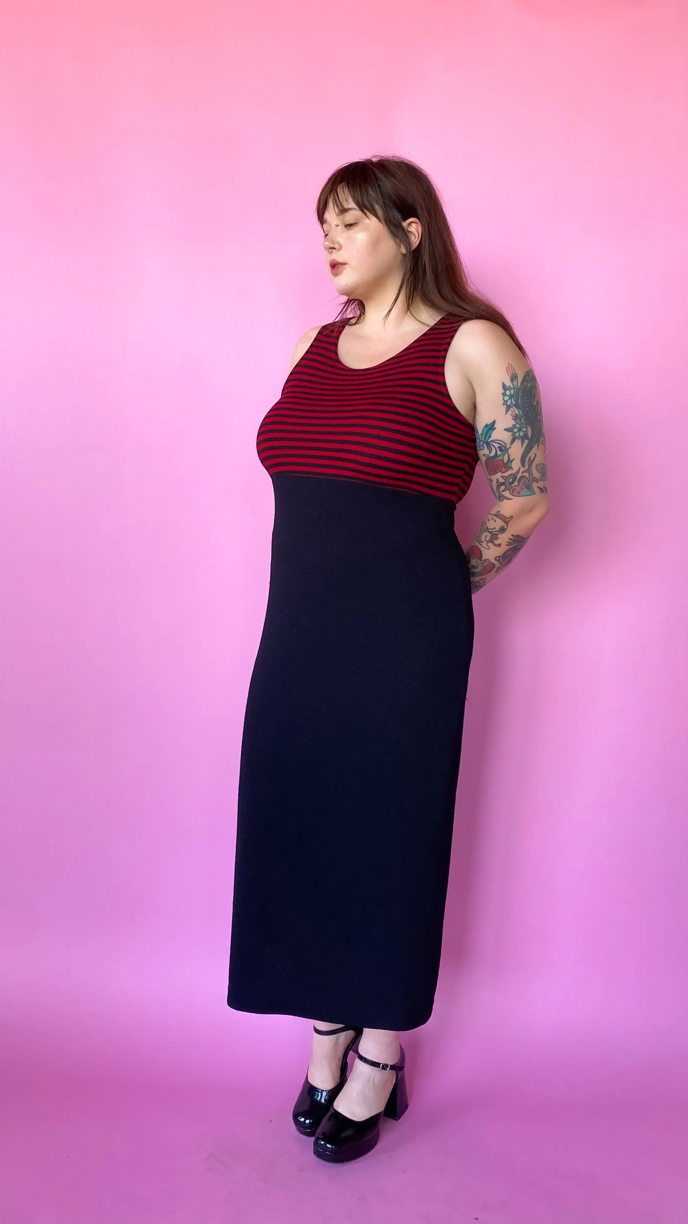 1990s Black & Red Striped Maxi Dress, sz. XL-3XL