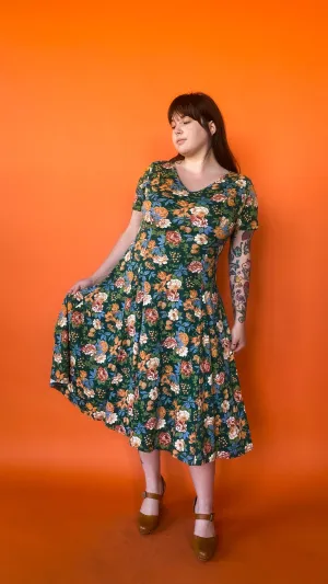 1990s Green & Orange Floral Dress, sz. XL-2XL