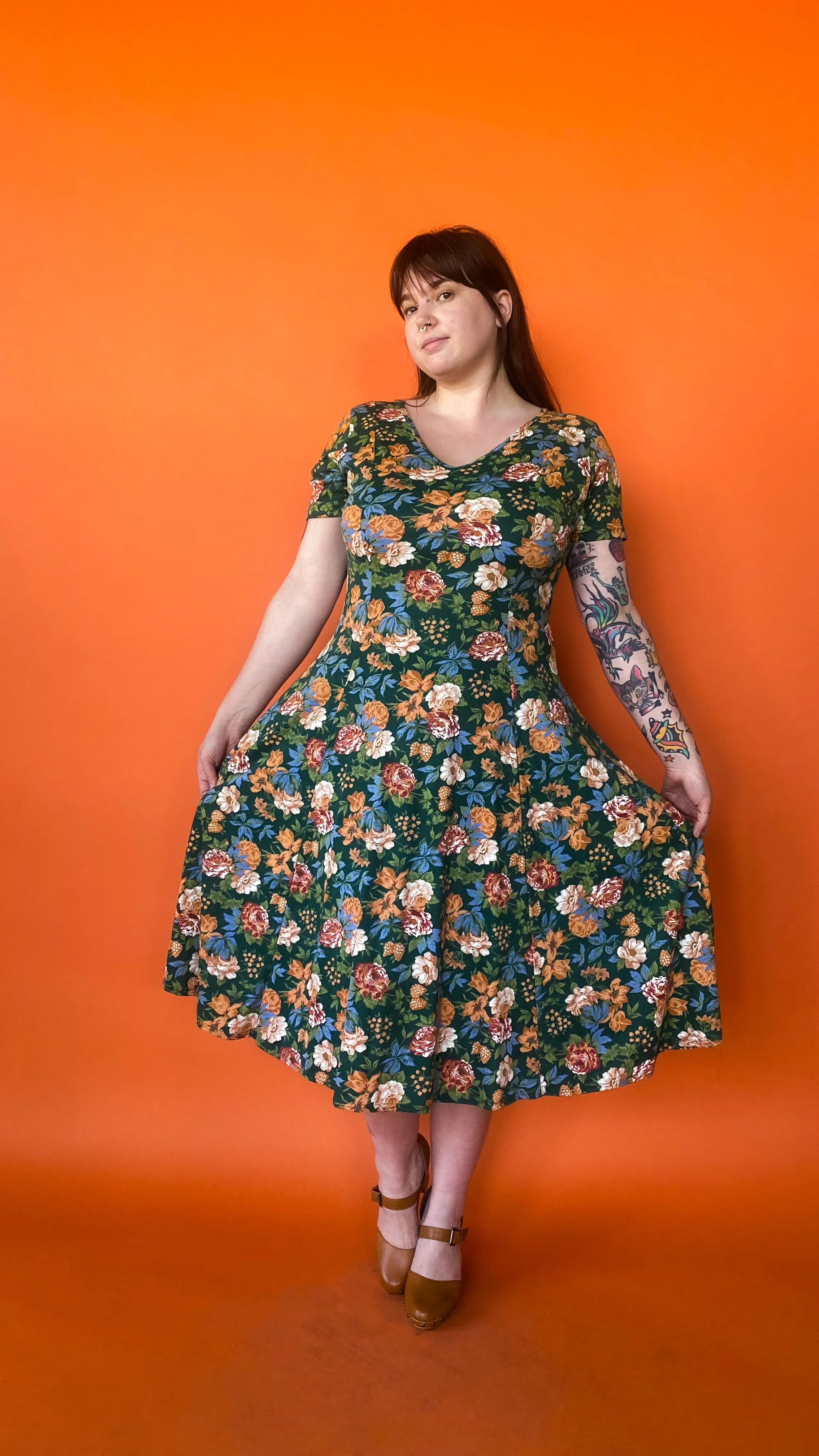 1990s Green & Orange Floral Dress, sz. XL-2XL