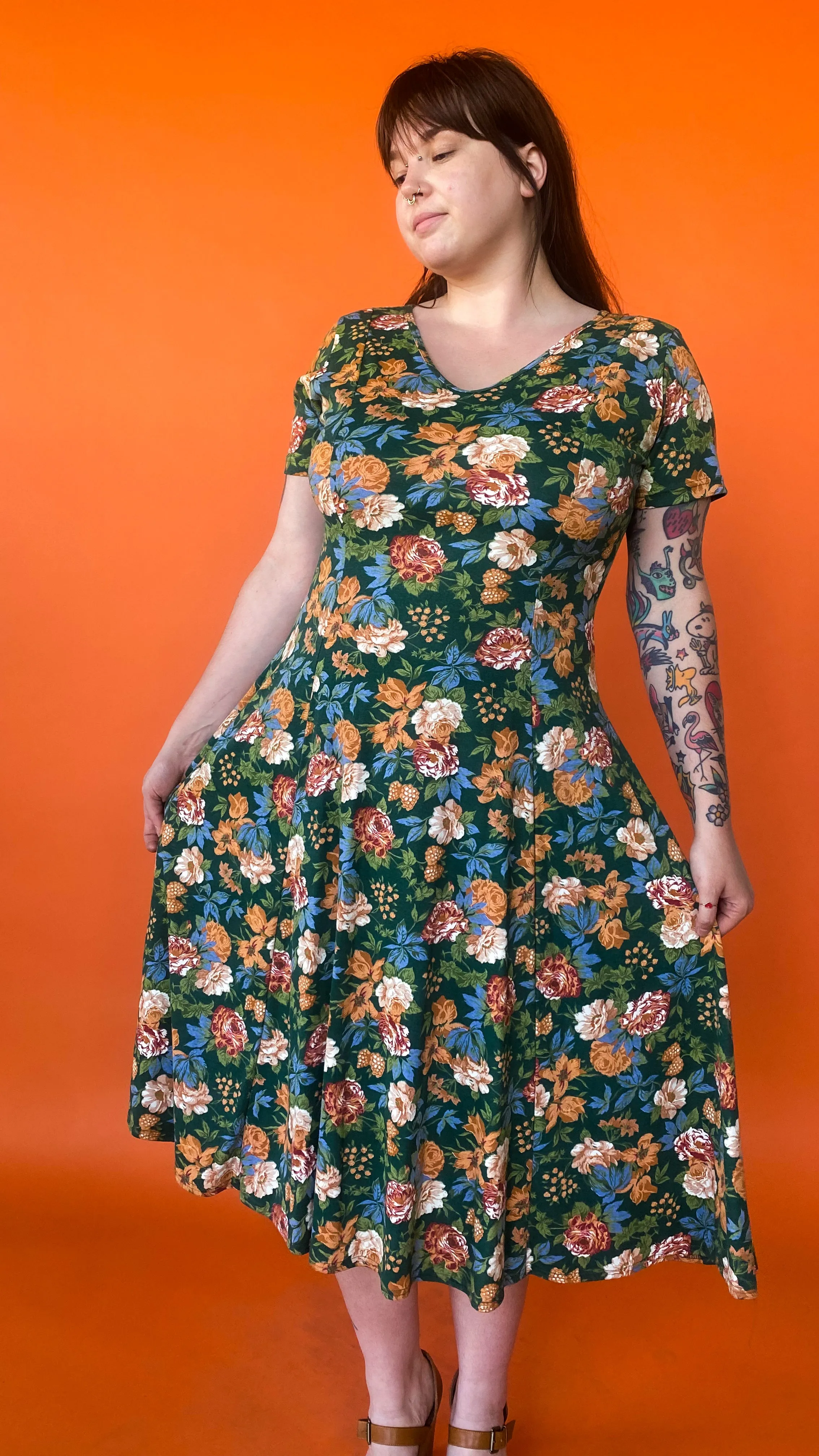 1990s Green & Orange Floral Dress, sz. XL-2XL