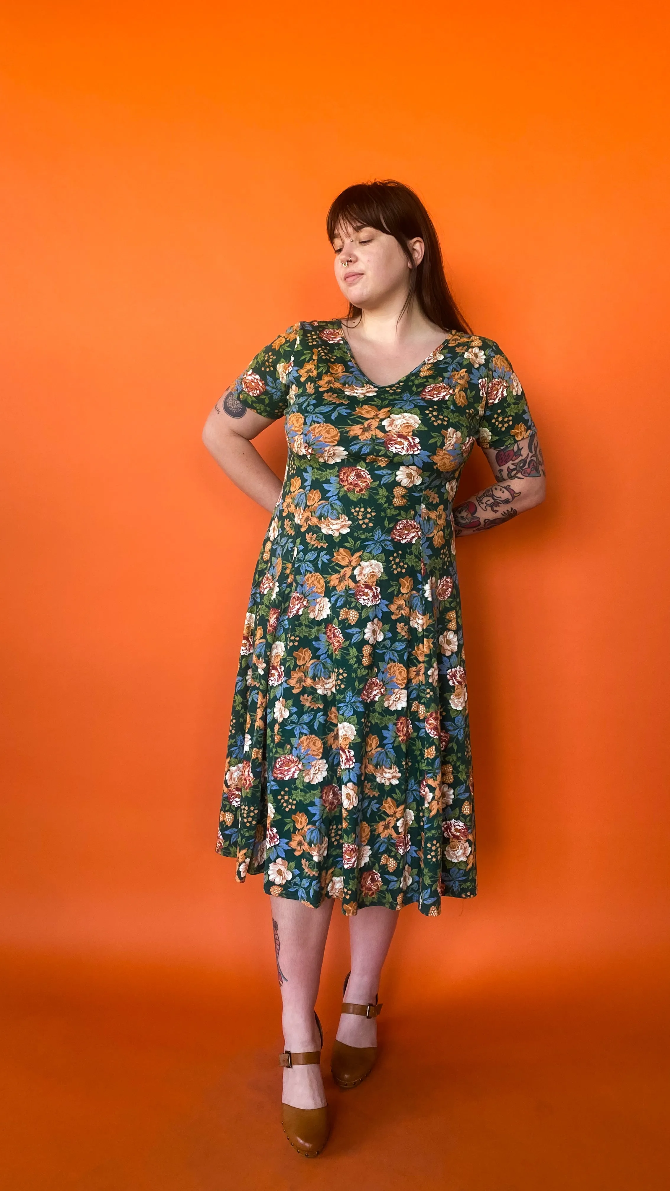 1990s Green & Orange Floral Dress, sz. XL-2XL