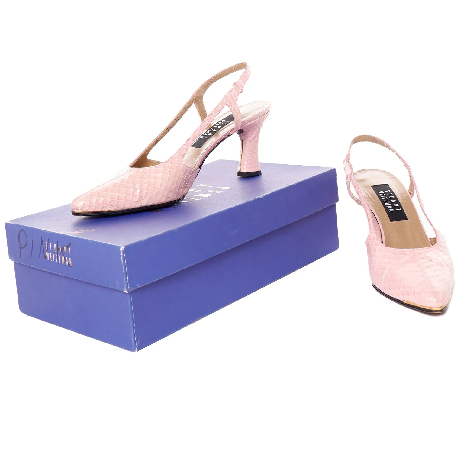 1990s Stuart Weitzman Pink Snakeskin Slingback Shoes w Original Box