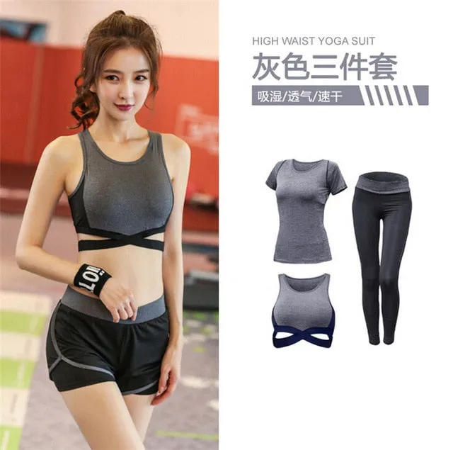 5 pieces sets coat t shirt bra shorts leggings women yoga clothing quick dry outdoor sports running fitness gym ropa deportiva