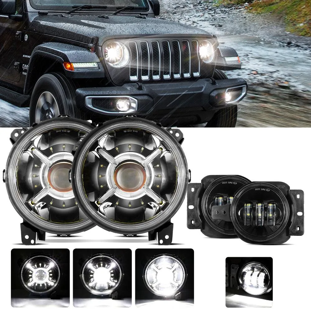 9'' Round 100W LED Headlights with DRL & 4'' 30W LED Fog Lights for 2018-2022 Jeep Wrangler JL, 2019-2022 Gladiator JT