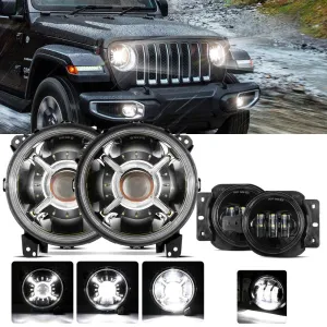 9'' Round 100W LED Headlights with DRL & 4'' 30W LED Fog Lights for 2018-2022 Jeep Wrangler JL, 2019-2022 Gladiator JT