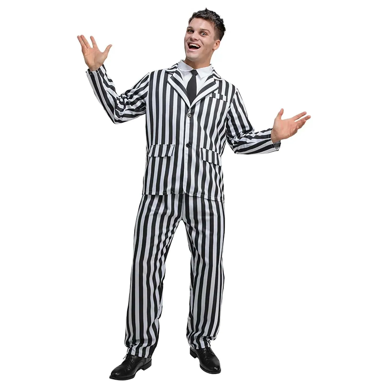 Adults Black & White Striped Suit Ghost Comedy Horror Fancy Dress Costume