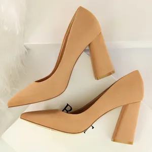 Amozae-2024 Women 8.5cm High Heels Chunky Pumps   Nightclub Flock Block Heels Girls Scarpins Office Wedding Bridal Shoes Plus Size