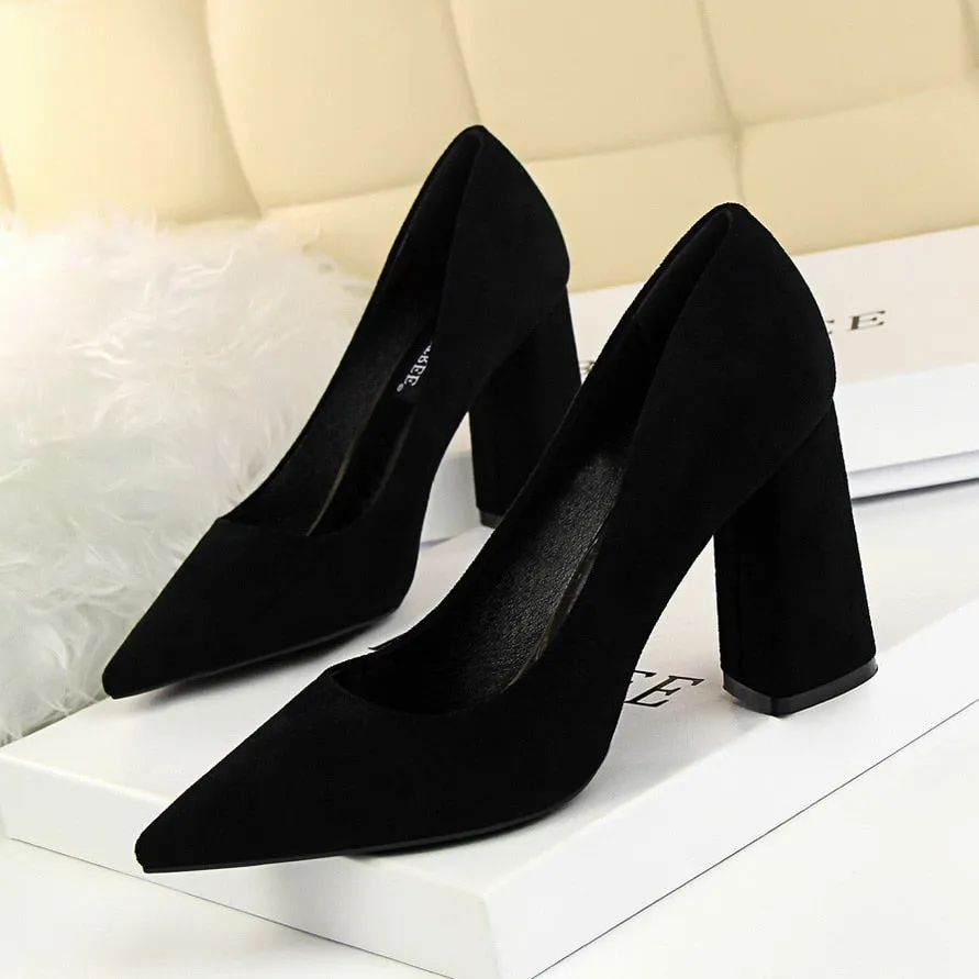 Amozae-2024 Women 8.5cm High Heels Chunky Pumps   Nightclub Flock Block Heels Girls Scarpins Office Wedding Bridal Shoes Plus Size