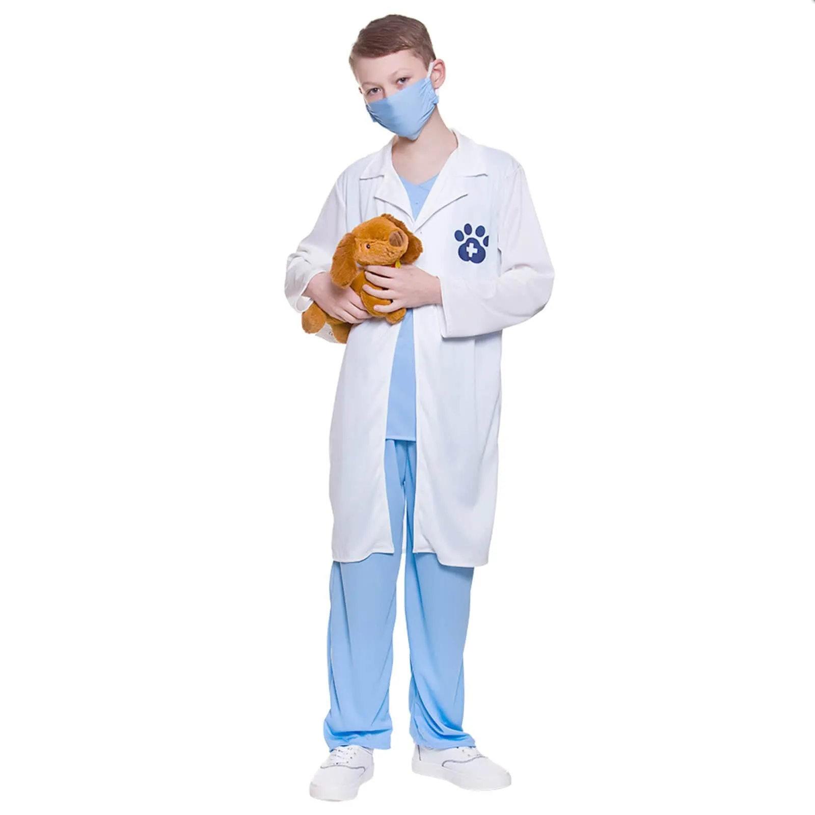 Animal Loving Vet Kids Costume White Coat Blue Scrubs Mask