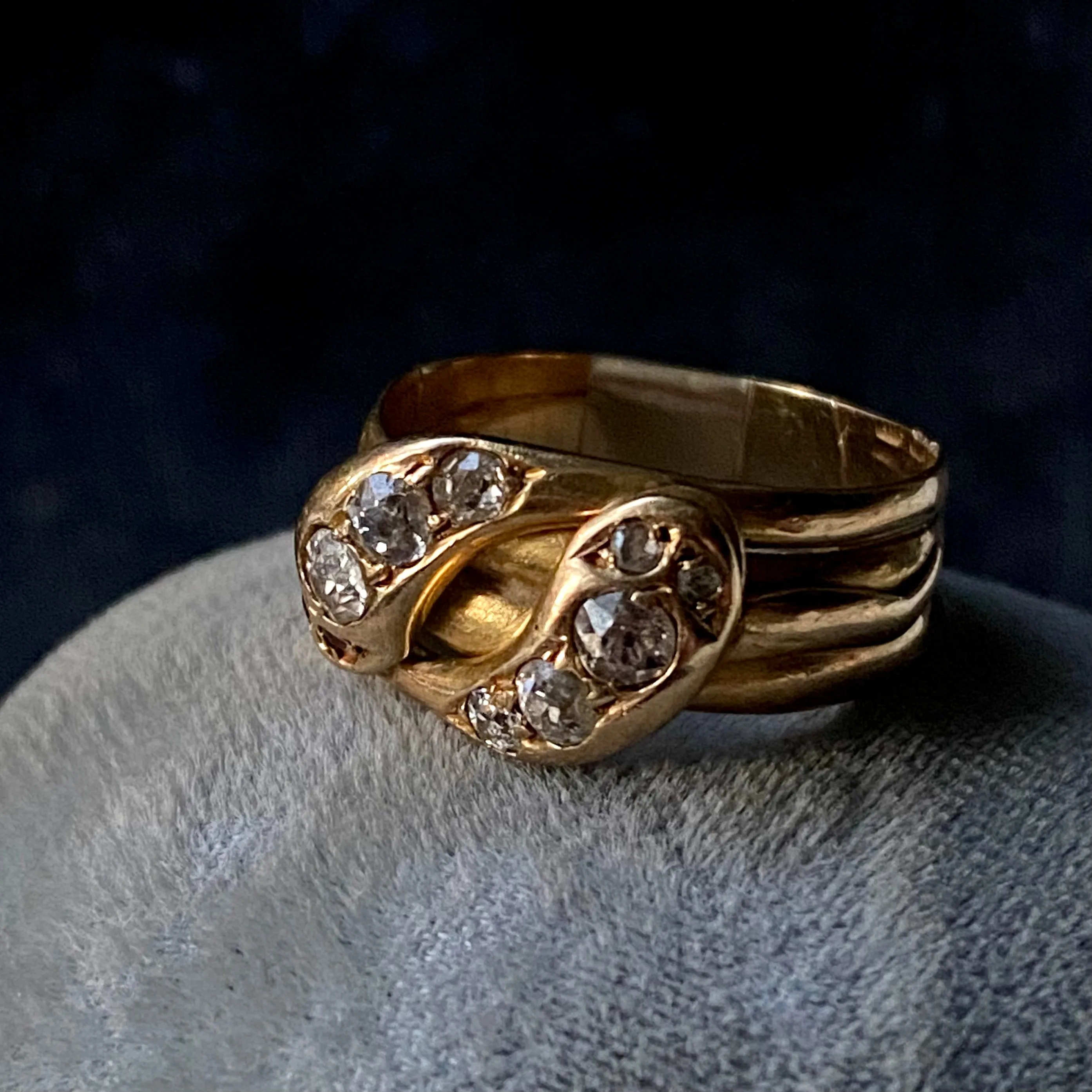 Antique Victorian 18k Intertwined Double Diamond Headed Snakes w/Ruby Eyes Ring