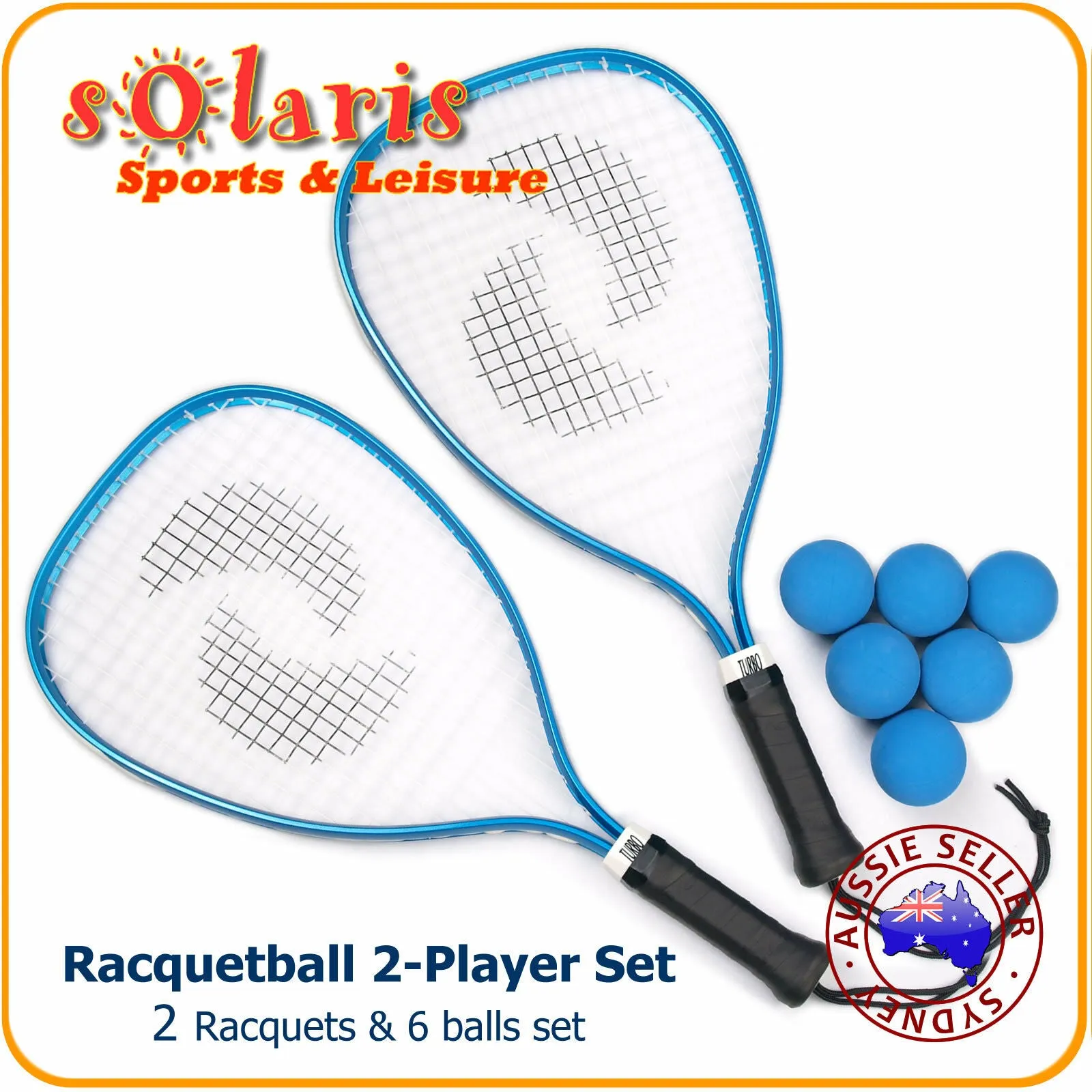 Australian Racquetball 2 Players Beginners Set with 2x Racquets and 6 Slow Speed Blue Balls