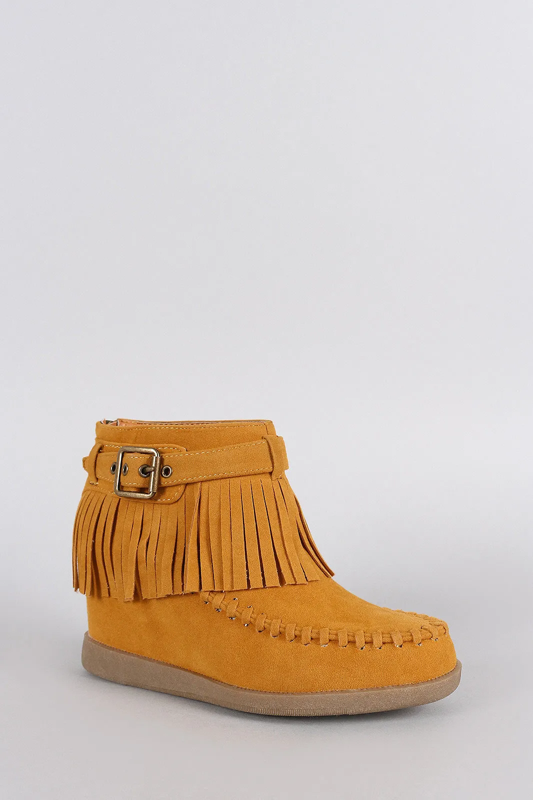 Bamboo Buckle Fringe Moccasin Hidden Wedge Booties