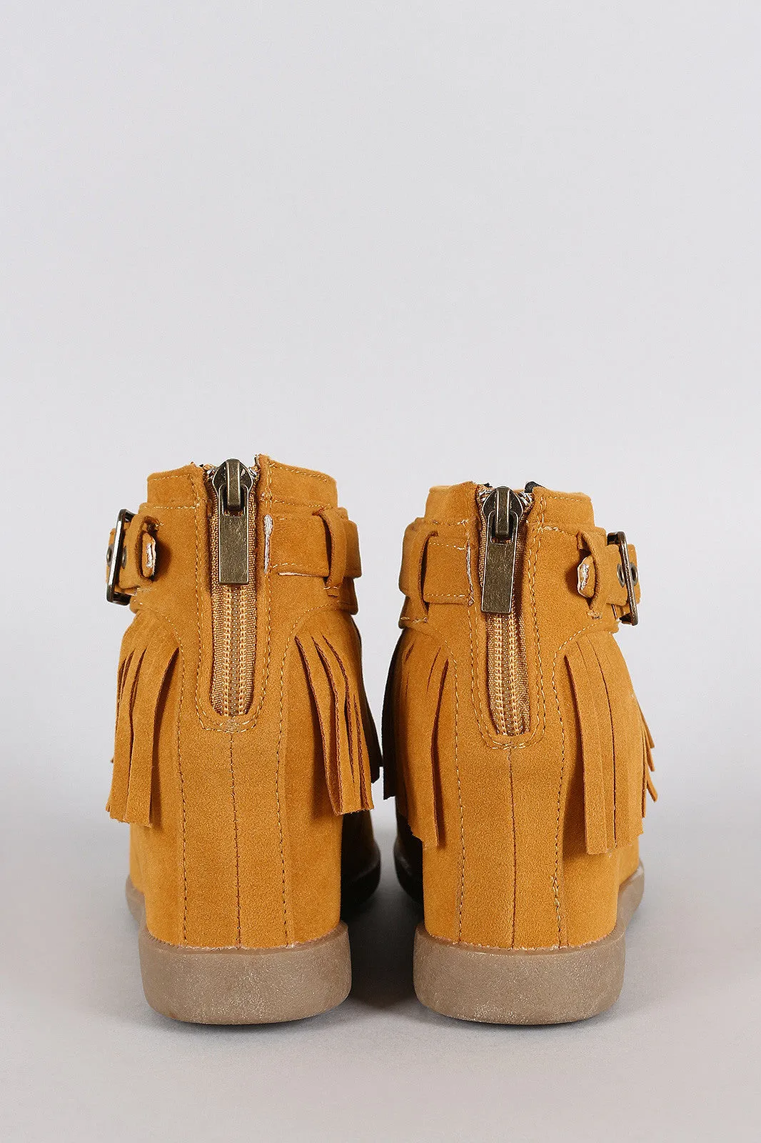 Bamboo Buckle Fringe Moccasin Hidden Wedge Booties