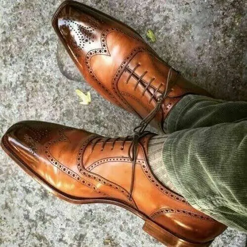 Bespoke Brown Leather Wing Tip Brogue Shoe for Men