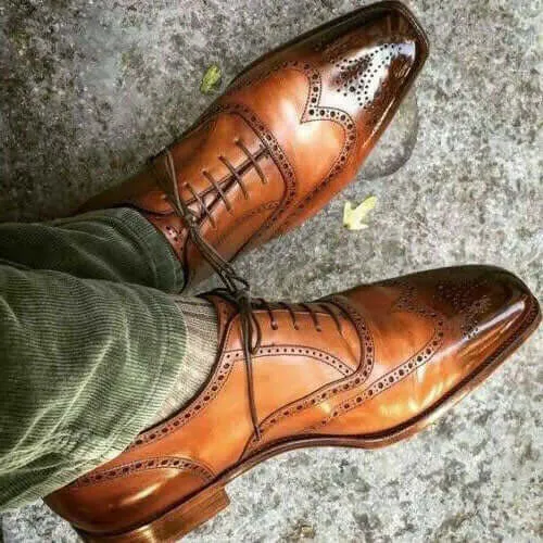 Bespoke Brown Leather Wing Tip Brogue Shoe for Men