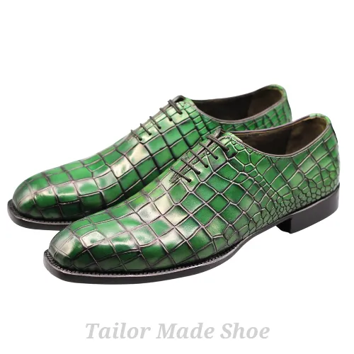 Bespoke Handmade Made to Measure Genuine Crocodile Print Green Leather Laceup Oxford Mens Shoes