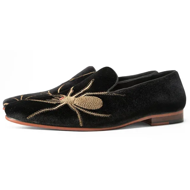 Black Spider Embroidery Suede Loafers