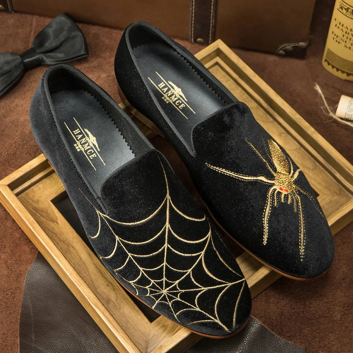 Black Spider Embroidery Suede Loafers