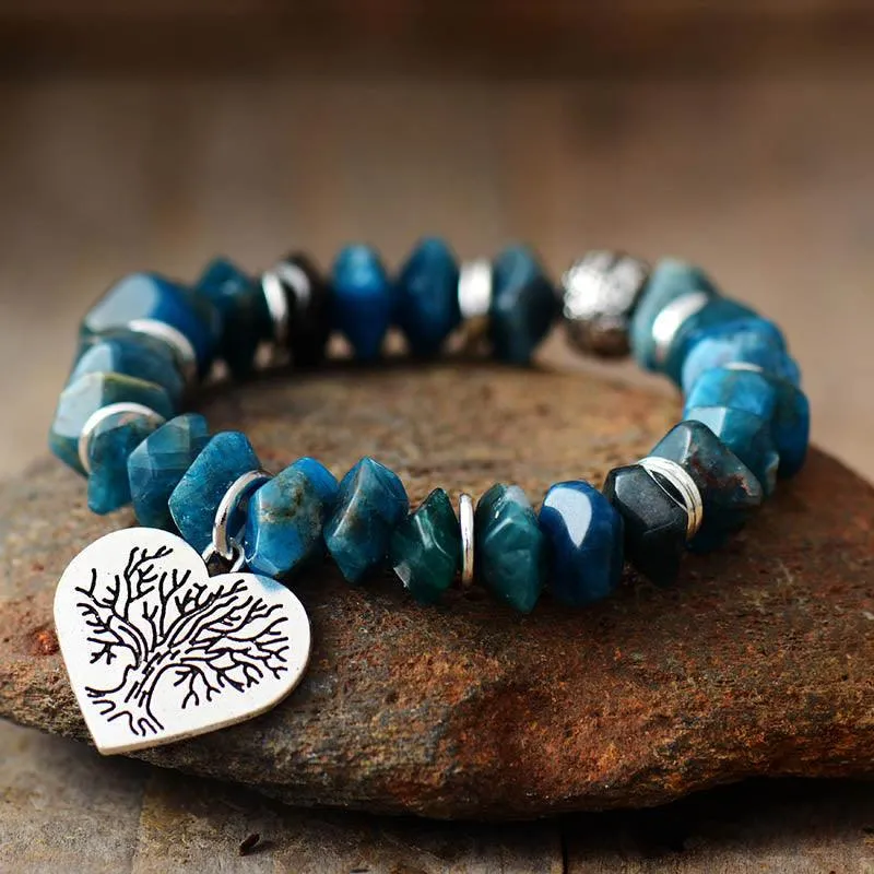 Blue Apatite Stretchy Bracelet w/ Tree of Life Charm