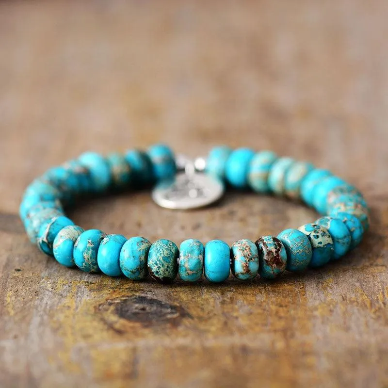 Blue Jasper Stretchy Bracelet w/ Yogi Charm