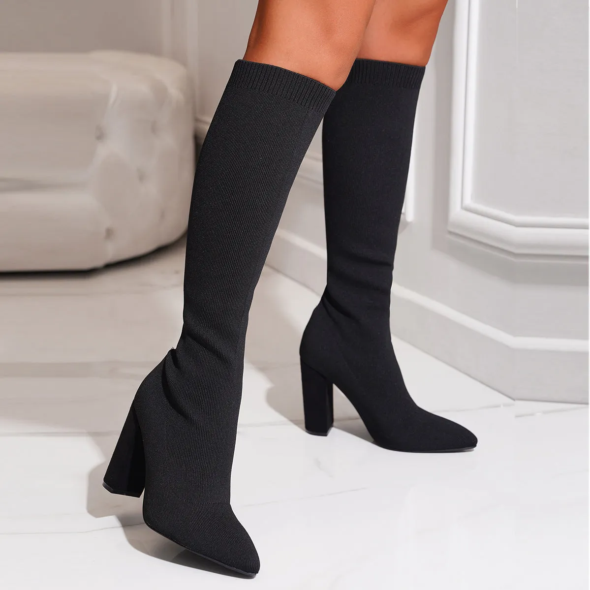 Chunky Heel Pointed Toe Sock Boots