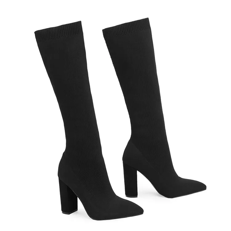 Chunky Heel Pointed Toe Sock Boots