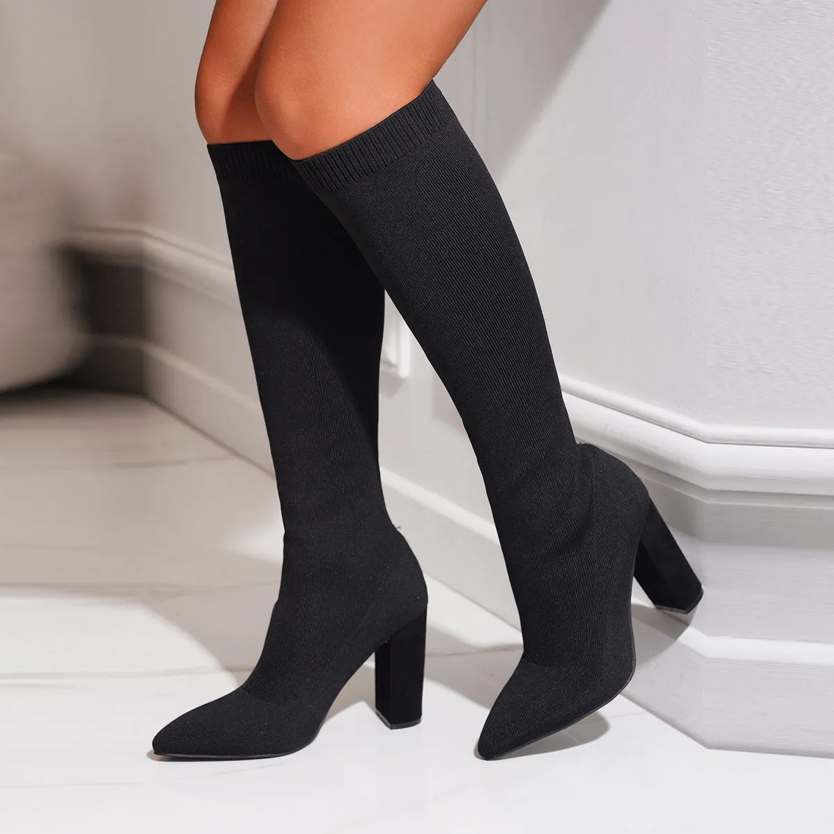 Chunky Heel Pointed Toe Sock Boots