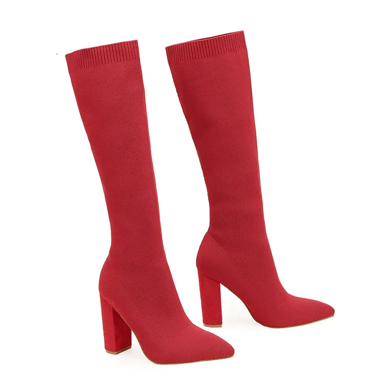 Chunky Heel Pointed Toe Sock Boots