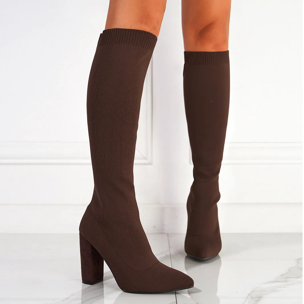 Chunky Heel Pointed Toe Sock Boots