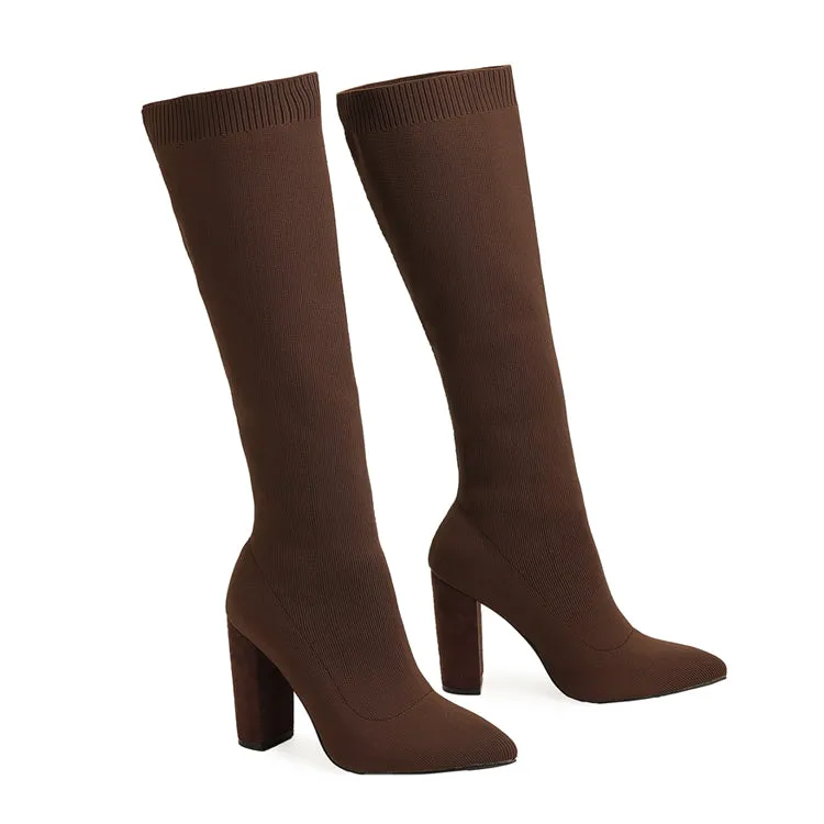 Chunky Heel Pointed Toe Sock Boots