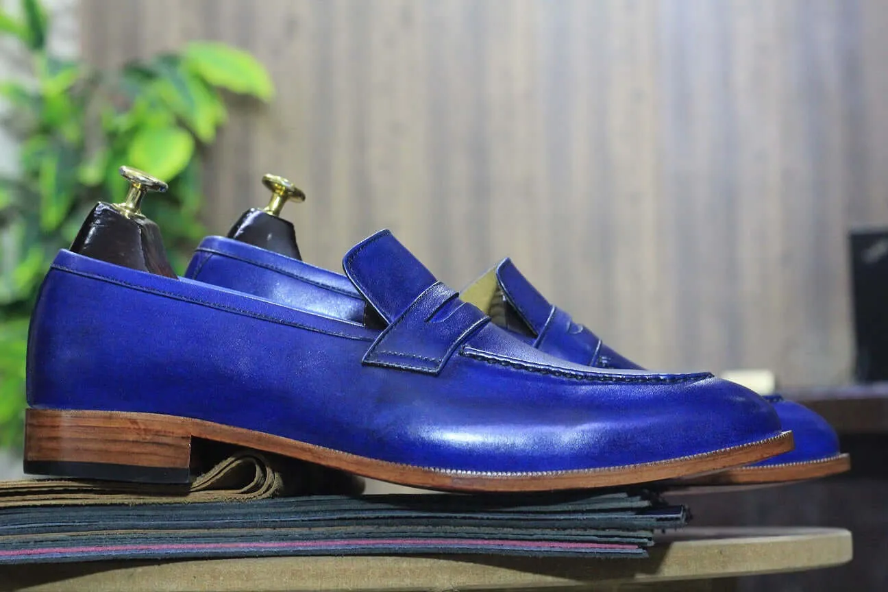 Classic Penny Loafer Handmade Pure Blue Leather Shoes, Moccasin Shoes