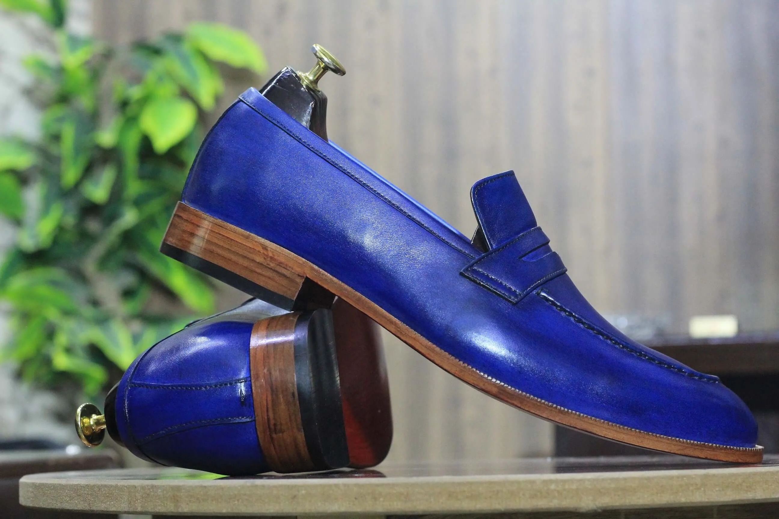 Classic Penny Loafer Handmade Pure Blue Leather Shoes, Moccasin Shoes