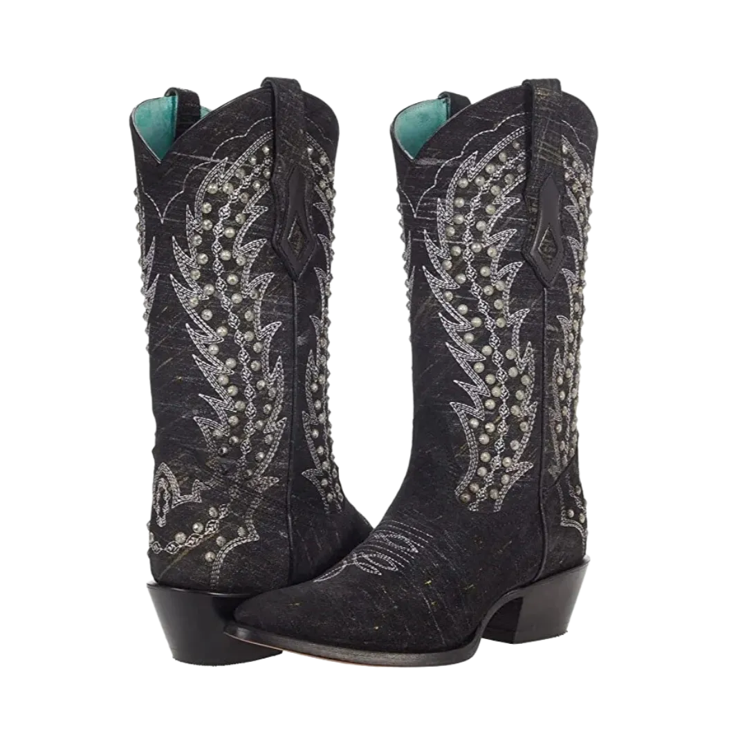 Corral Women's Black Studded White Embroidery Boots