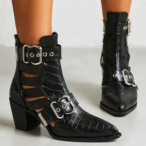 Crocodile Embossed Cutout Trim Metallic Buckle Block Heel Ankle Boots - Black