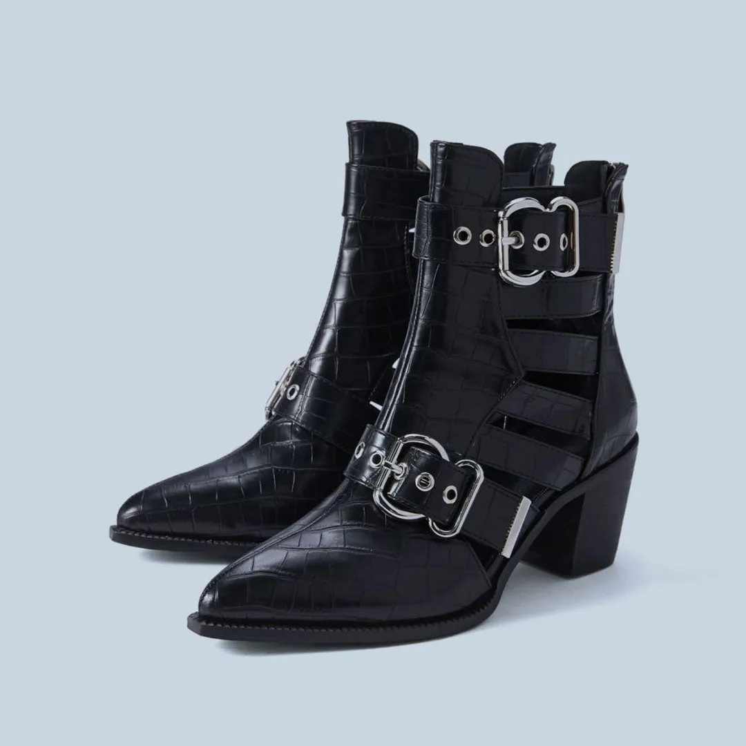 Crocodile Embossed Cutout Trim Metallic Buckle Block Heel Ankle Boots - Black