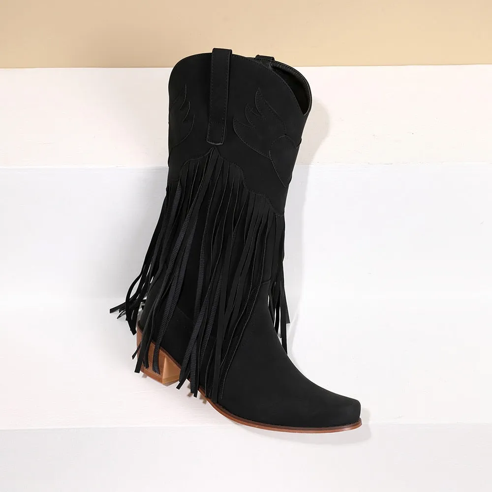 Daisy's Faux Suede Leather Fringed Cowgirl Boots