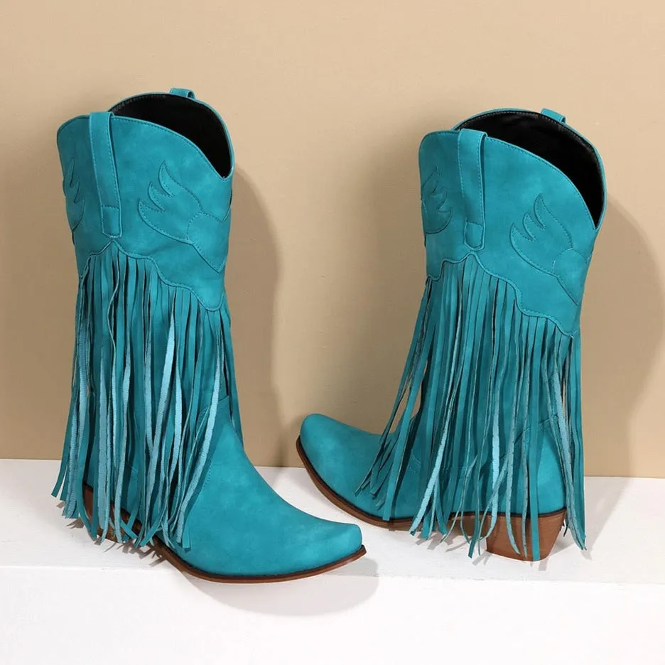 Daisy's Faux Suede Leather Fringed Cowgirl Boots