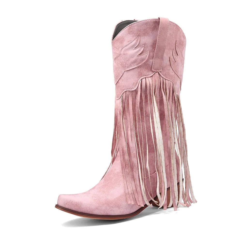 Daisy's Faux Suede Leather Fringed Cowgirl Boots