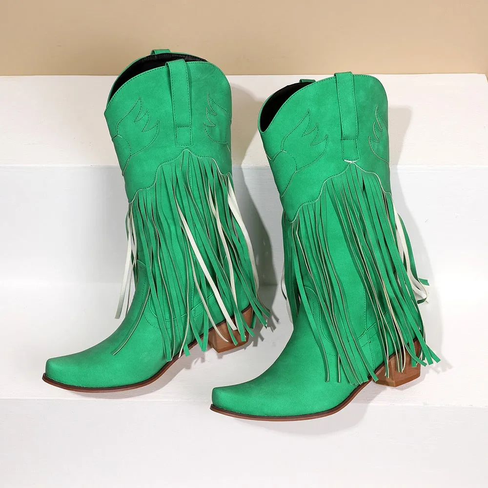 Daisy's Faux Suede Leather Fringed Cowgirl Boots