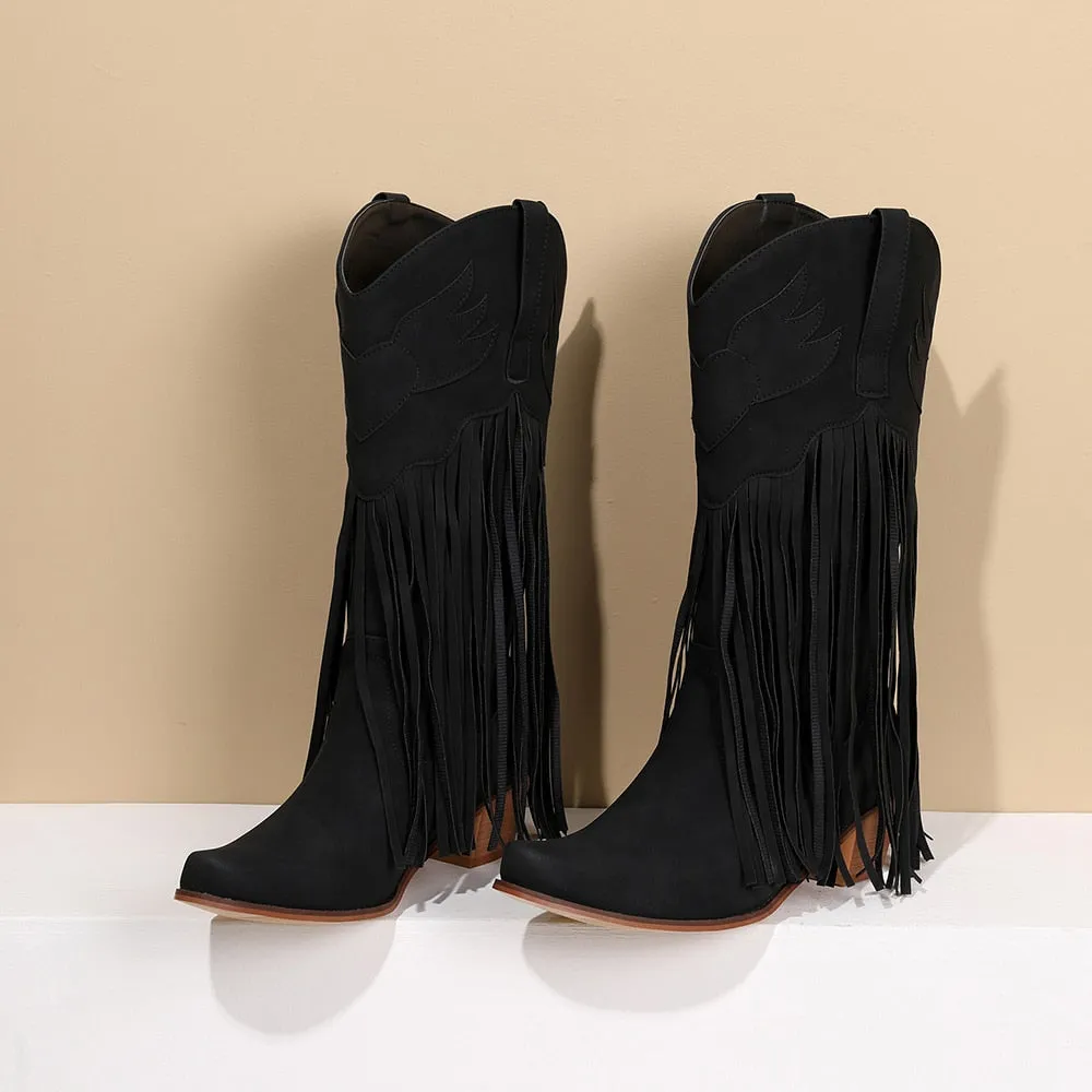 Daisy's Faux Suede Leather Fringed Cowgirl Boots