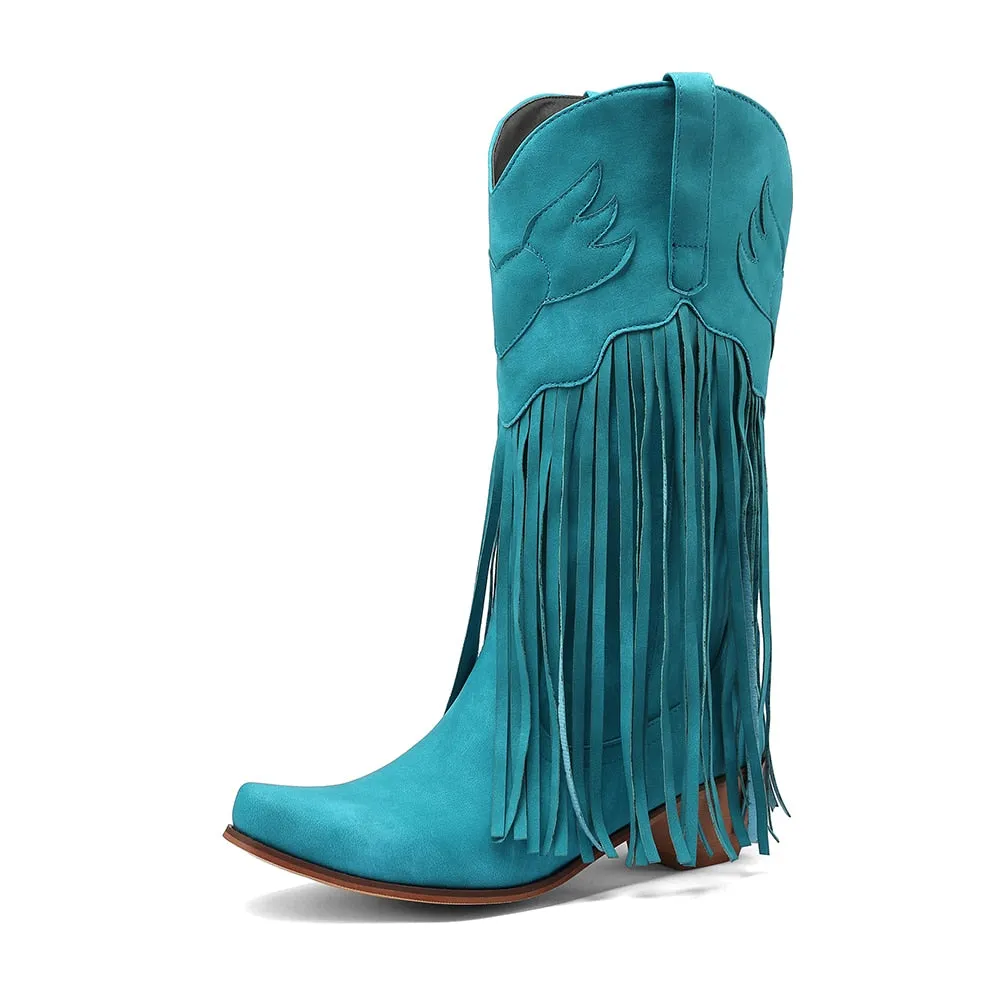 Daisy's Faux Suede Leather Fringed Cowgirl Boots