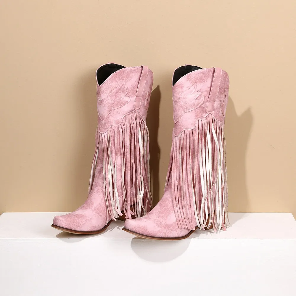 Daisy's Faux Suede Leather Fringed Cowgirl Boots