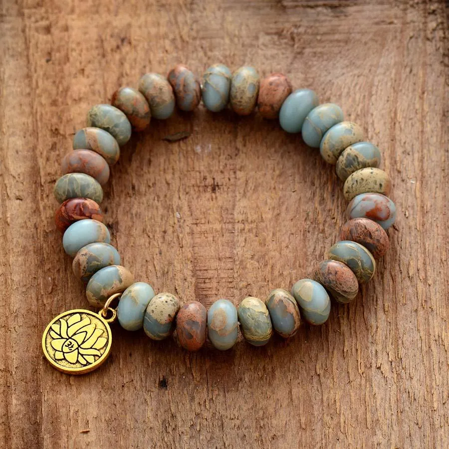 Earthy Jasper Stretchy Bracelet with Lotus Charm