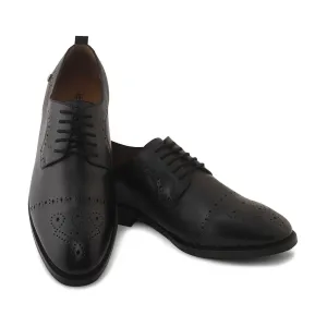 Ezok Men Black Burnish Finish Perforated Leather Derby Shoes