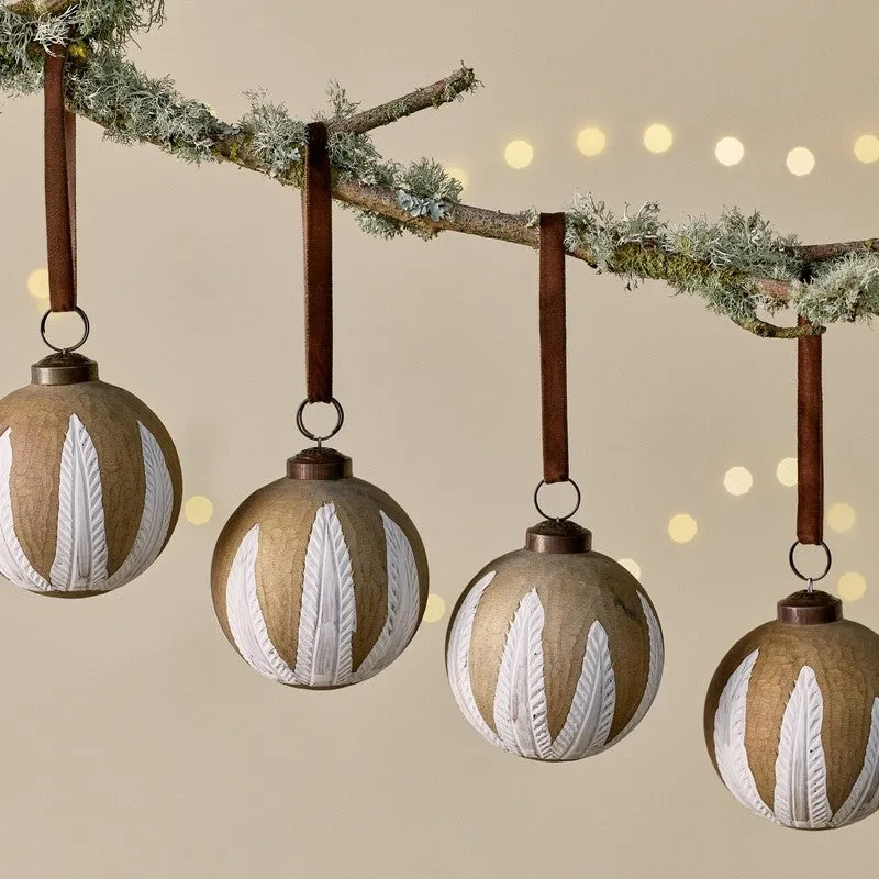 Feather Design Gold and Cream Decorative Baubles - Set of Four