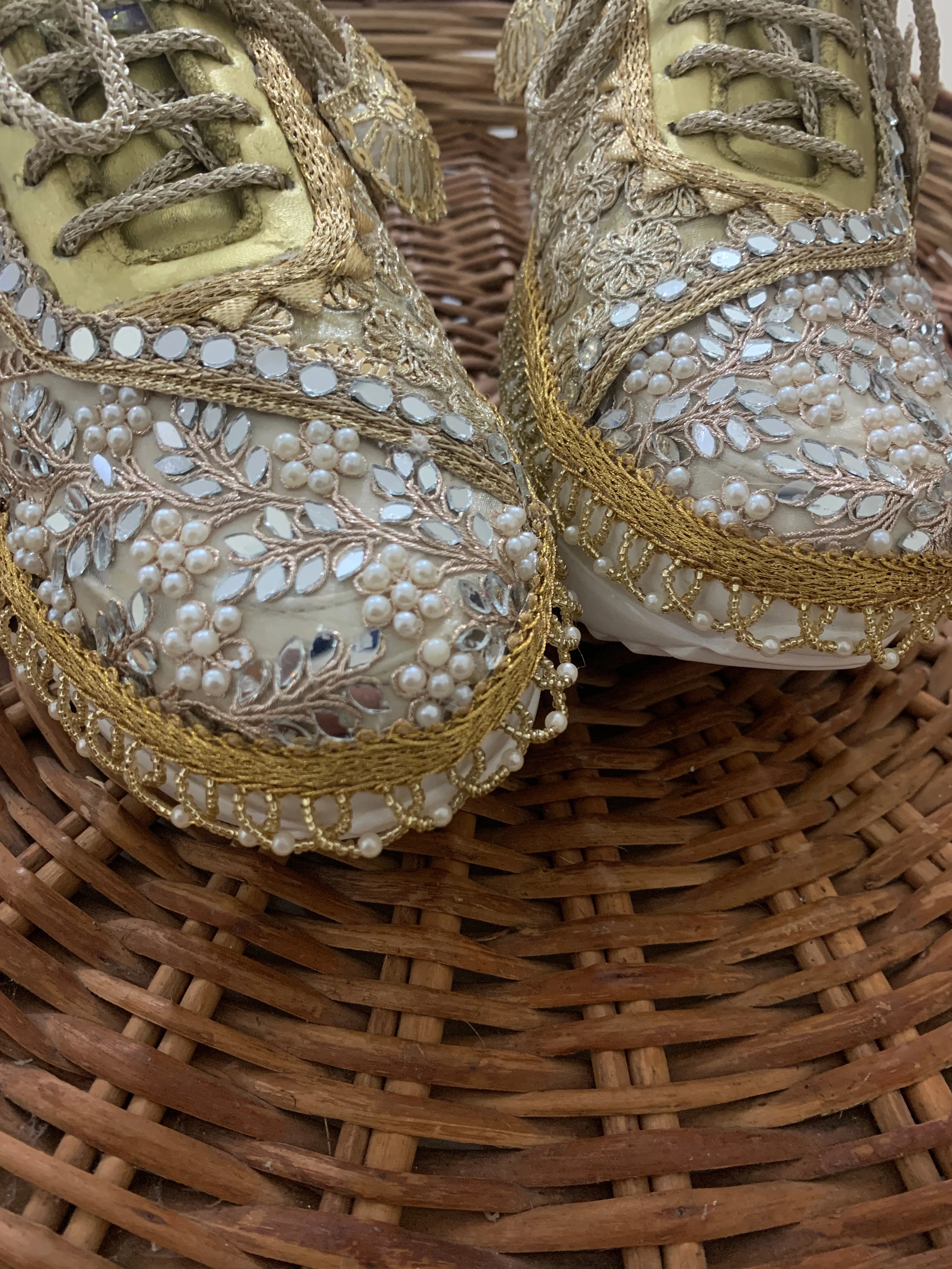 Funky N Trendy hand crafted gottapatti with mirror work bridal sneakers/ bridesmaid sneaker / golden sneakers/ gold sneakers / mirror sneakers