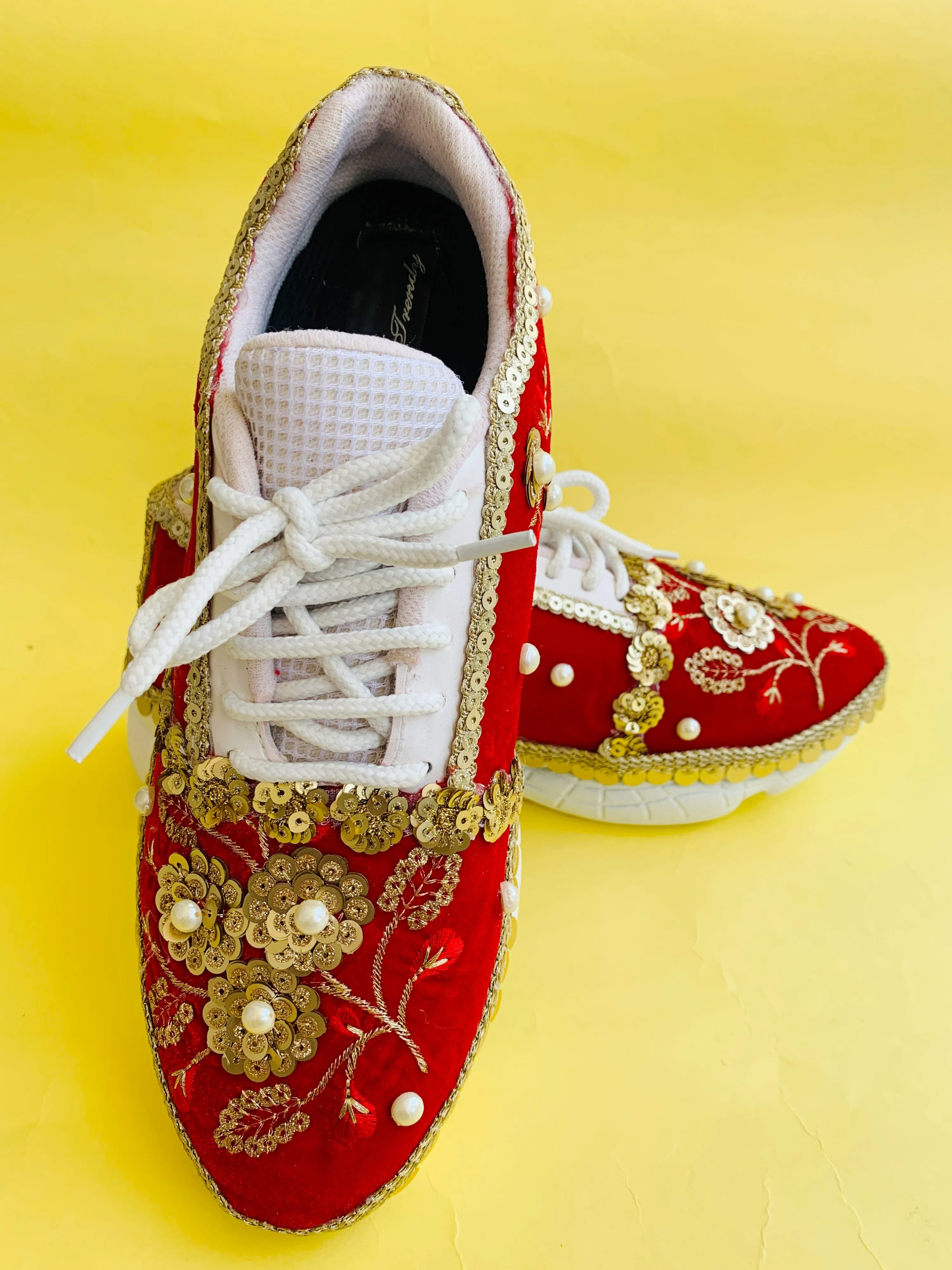 FUNKY N TRENDY Red sneakers for brides /bridesmaids / sneakers for bridesmaids/ handcrafted sneakers/ red sneakers / bridal sneakers / bridesmaid sneakers/ gold sneakers / red shoes/embroidered shoes