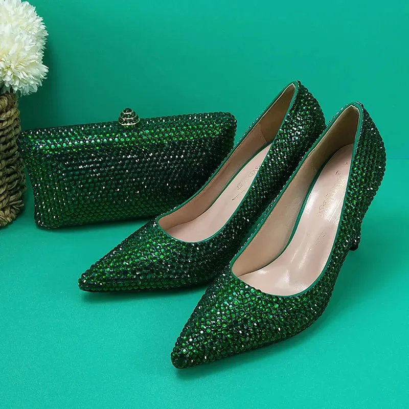 Green Crystal Pump Shoes and Matching Clutch Bag