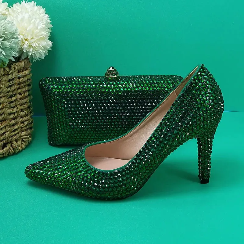 Green Crystal Pump Shoes and Matching Clutch Bag